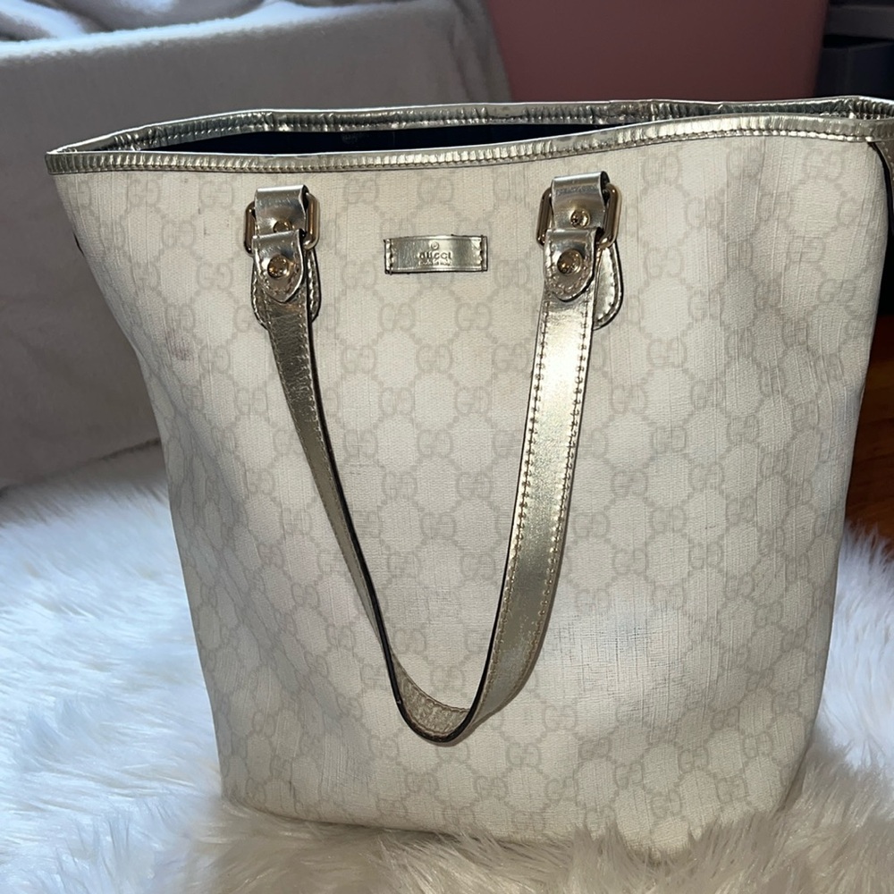 Gucci Beige Monogram Tote with Gold Trim